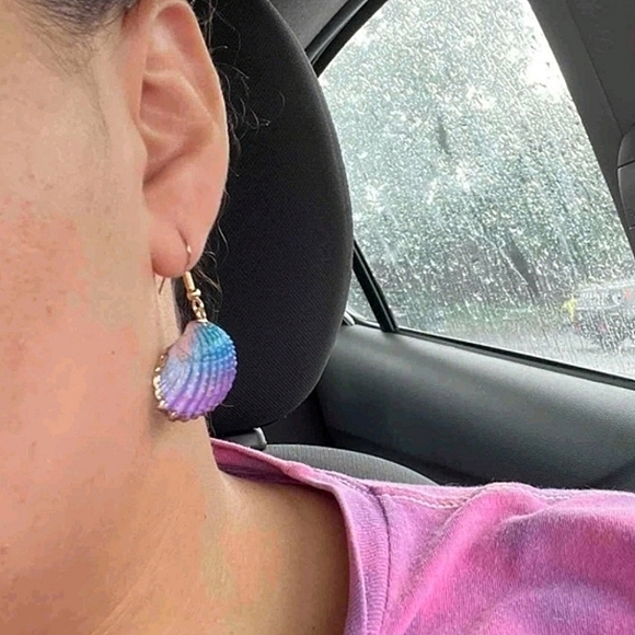 Gold statement earrings blue pink seashell boho mermaid beach tropical 💖2/$30 - Picture 13 of 13